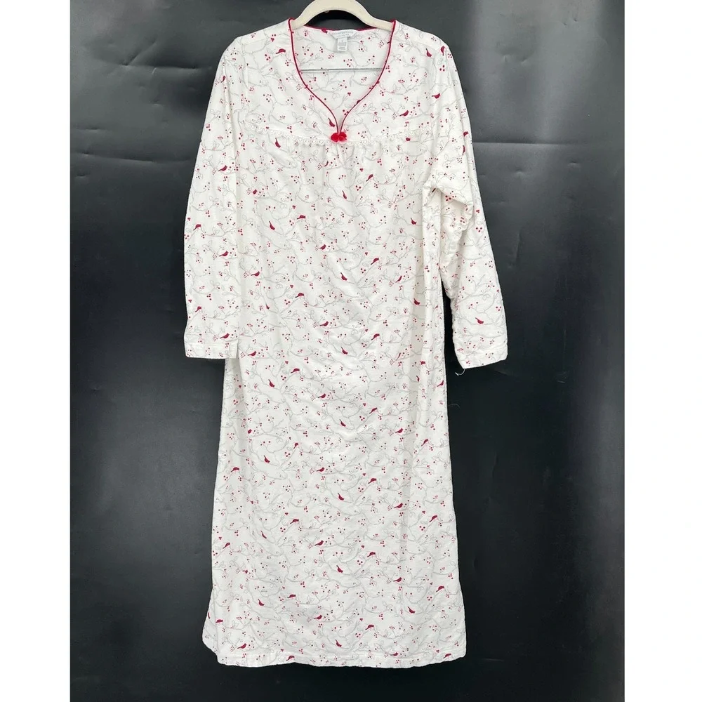 Charter Club 100% cotton flannel nightgown cardinal birds white cozy grandmacore